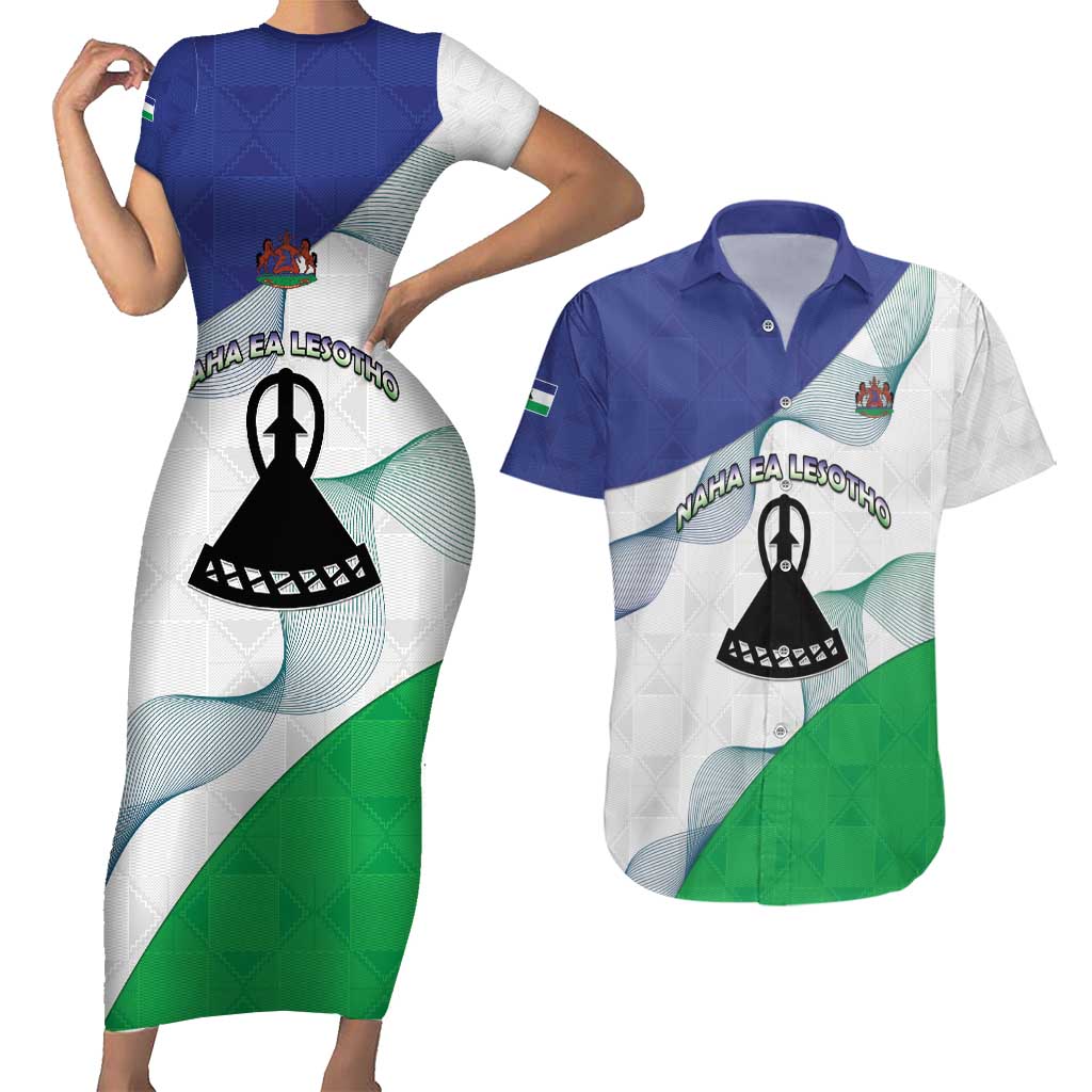 Personalized Lesotho Couples Matching Short Sleeve Bodycon Dress and Hawaiian Shirt Coat Of Arms With Kente Pattern - Wonder Print Shop
