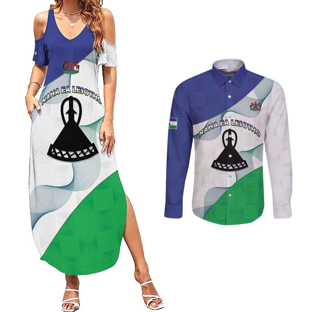 Personalized Lesotho Couples Matching Summer Maxi Dress and Long Sleeve Button Shirt Coat Of Arms With Kente Pattern - Wonder Print Shop