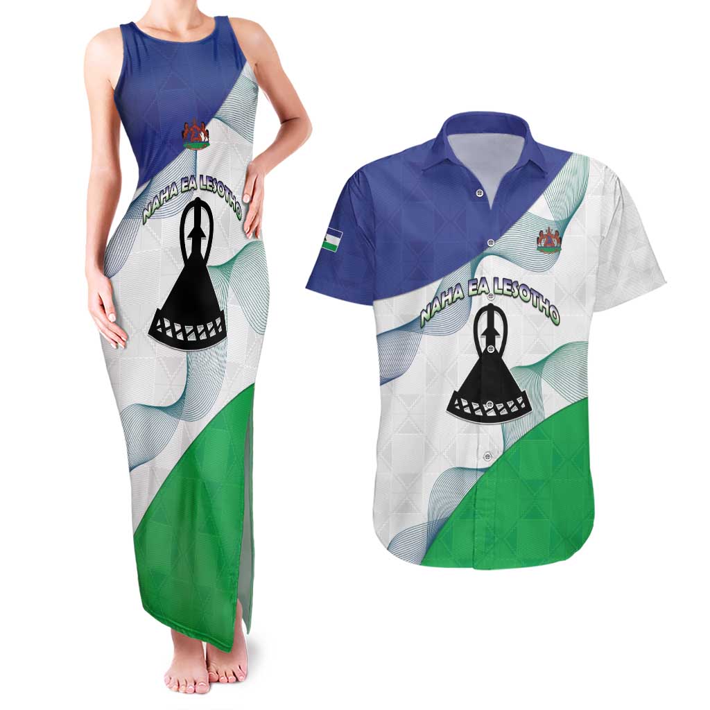 Personalized Lesotho Couples Matching Tank Maxi Dress and Hawaiian Shirt Coat Of Arms With Kente Pattern - Wonder Print Shop