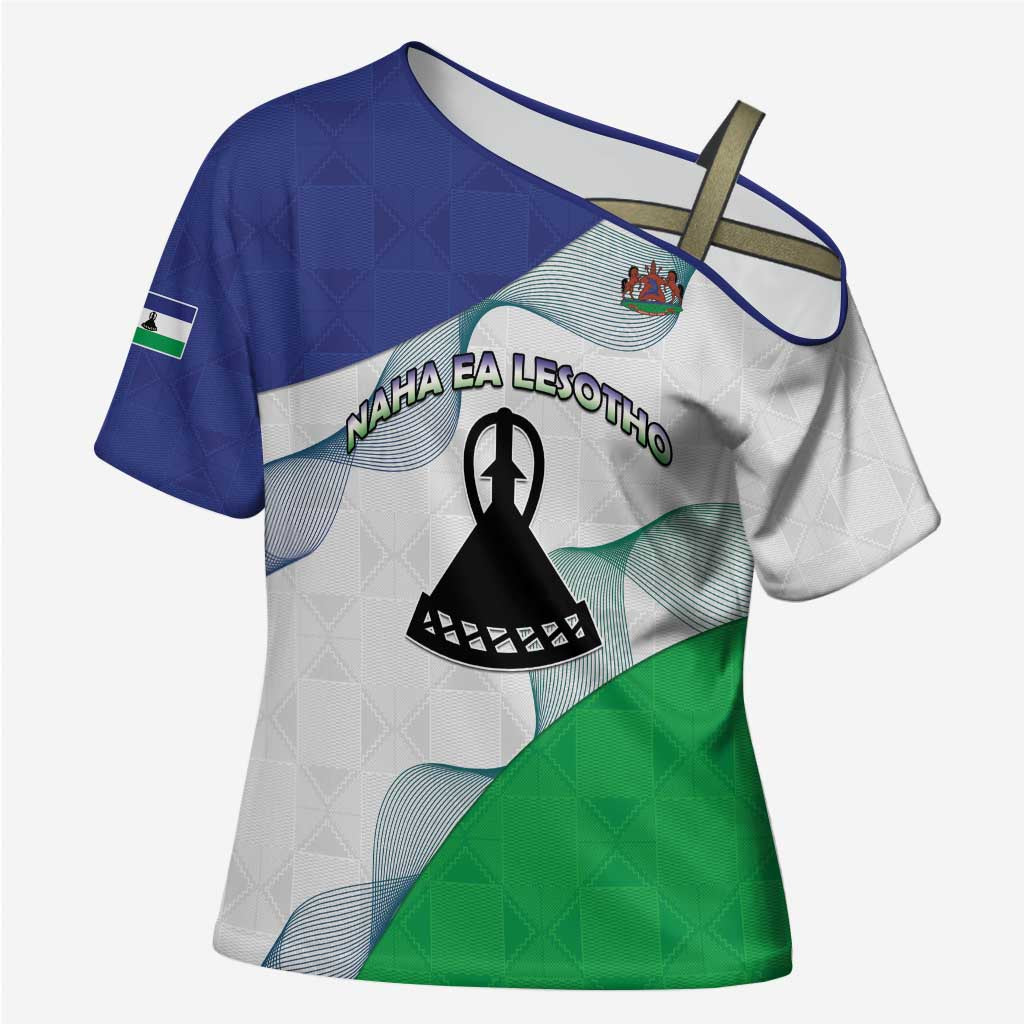 Personalized Lesotho Cross Shoulder Shirt Coat Of Arms With Kente Pattern - Wonder Print Shop