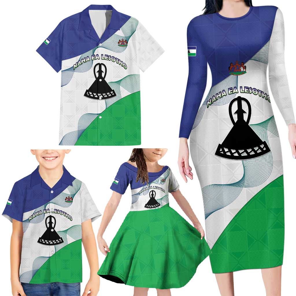 Personalized Lesotho Family Matching Long Sleeve Bodycon Dress and Hawaiian Shirt Coat Of Arms With Kente Pattern - Wonder Print Shop