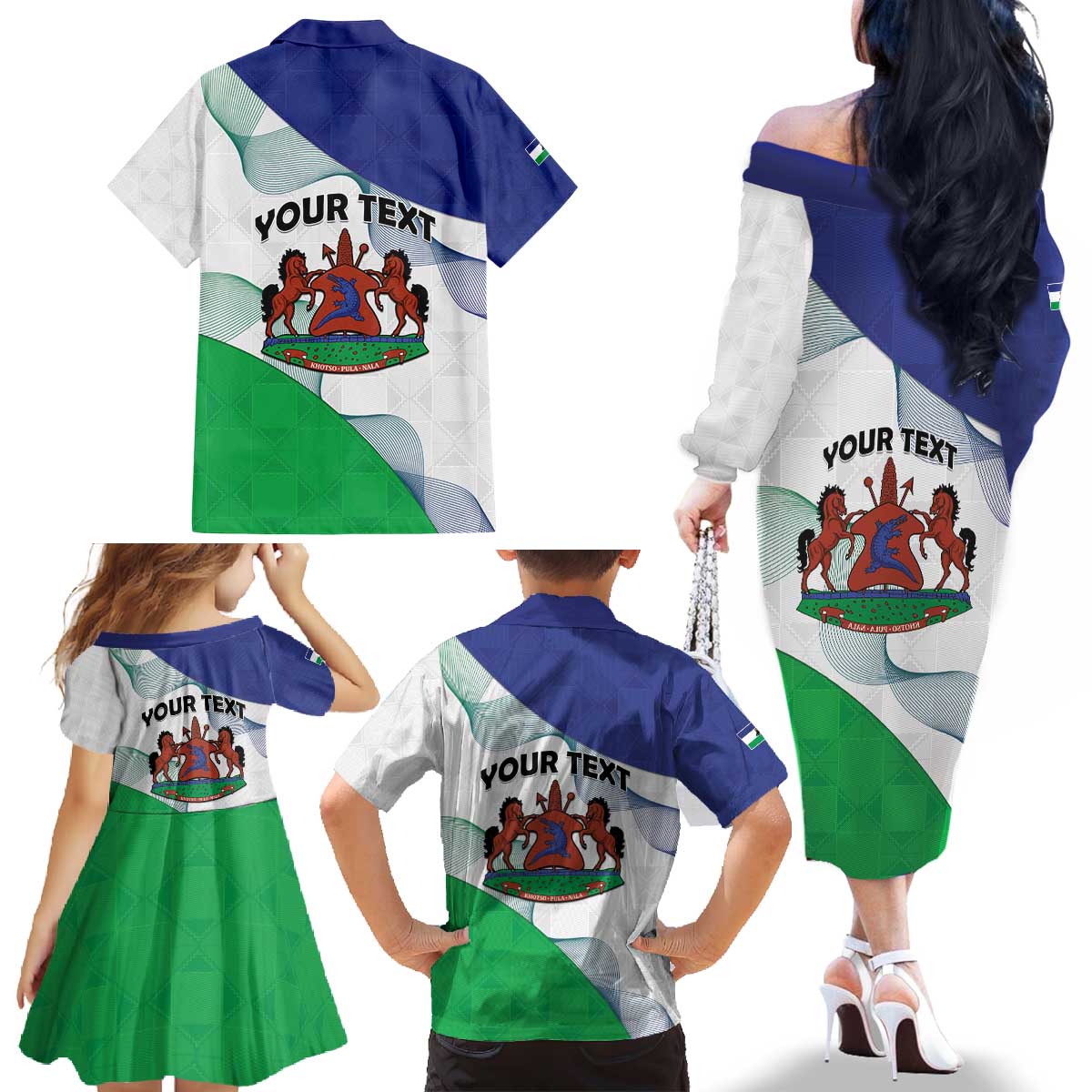 Personalized Lesotho Family Matching Off The Shoulder Long Sleeve Dress and Hawaiian Shirt Coat Of Arms With Kente Pattern - Wonder Print Shop