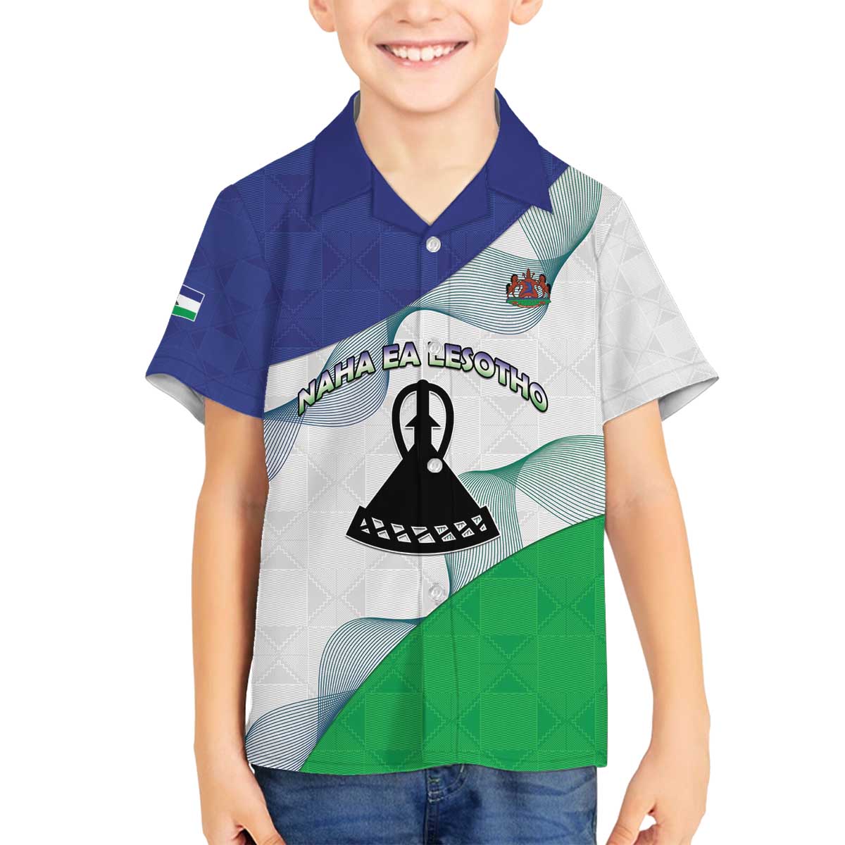 Personalized Lesotho Family Matching Off The Shoulder Long Sleeve Dress and Hawaiian Shirt Coat Of Arms With Kente Pattern - Wonder Print Shop