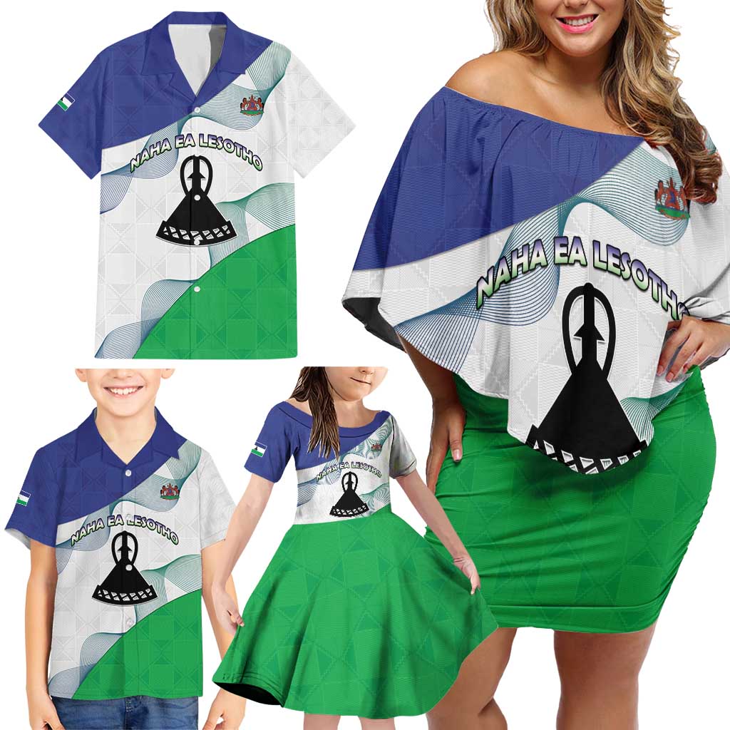 Personalized Lesotho Family Matching Off Shoulder Short Dress and Hawaiian Shirt Coat Of Arms With Kente Pattern - Wonder Print Shop