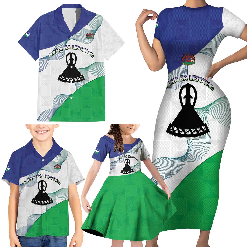 Personalized Lesotho Family Matching Short Sleeve Bodycon Dress and Hawaiian Shirt Coat Of Arms With Kente Pattern - Wonder Print Shop