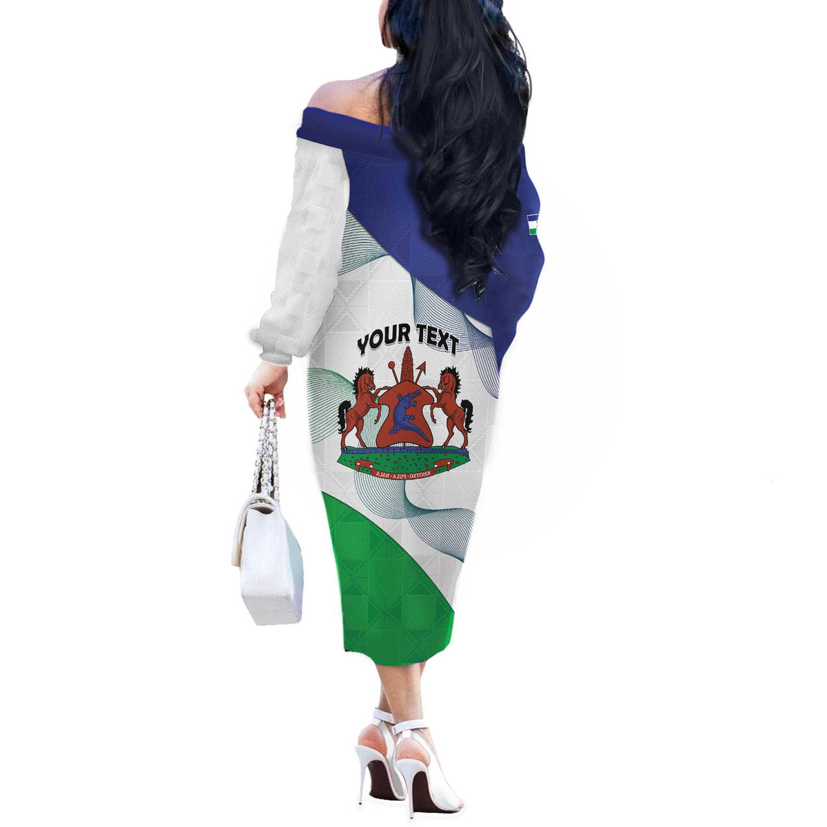 Personalized Lesotho Off The Shoulder Long Sleeve Dress Coat Of Arms With Kente Pattern - Wonder Print Shop