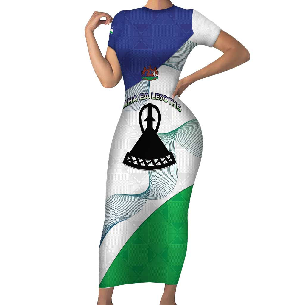 Personalized Lesotho Short Sleeve Bodycon Dress Coat Of Arms With Kente Pattern - Wonder Print Shop