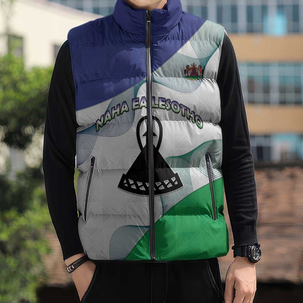 Personalized Lesotho Sleeveless Puffer Jacket Coat Of Arms With Kente Pattern - Wonder Print Shop