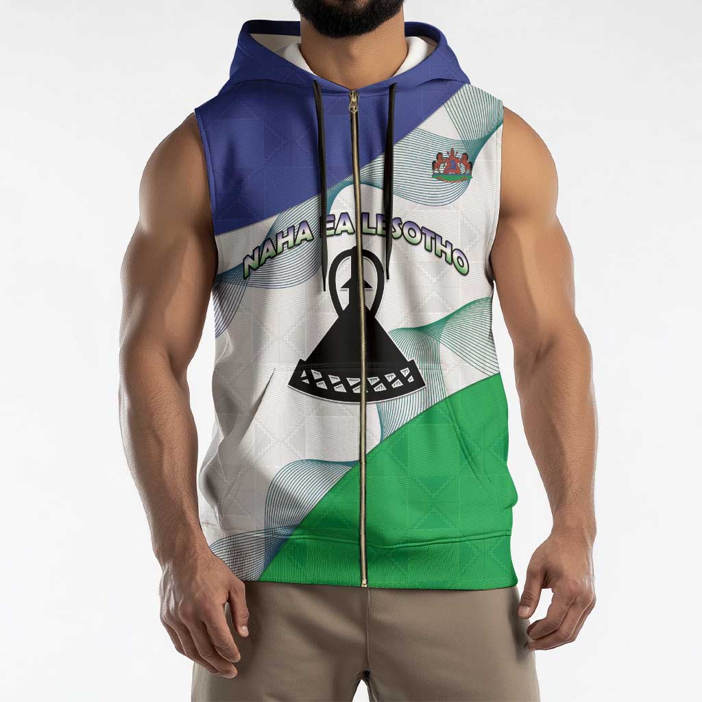 Personalized Lesotho Sleeveless Zip Hoodie Coat Of Arms With Kente Pattern - Wonder Print Shop