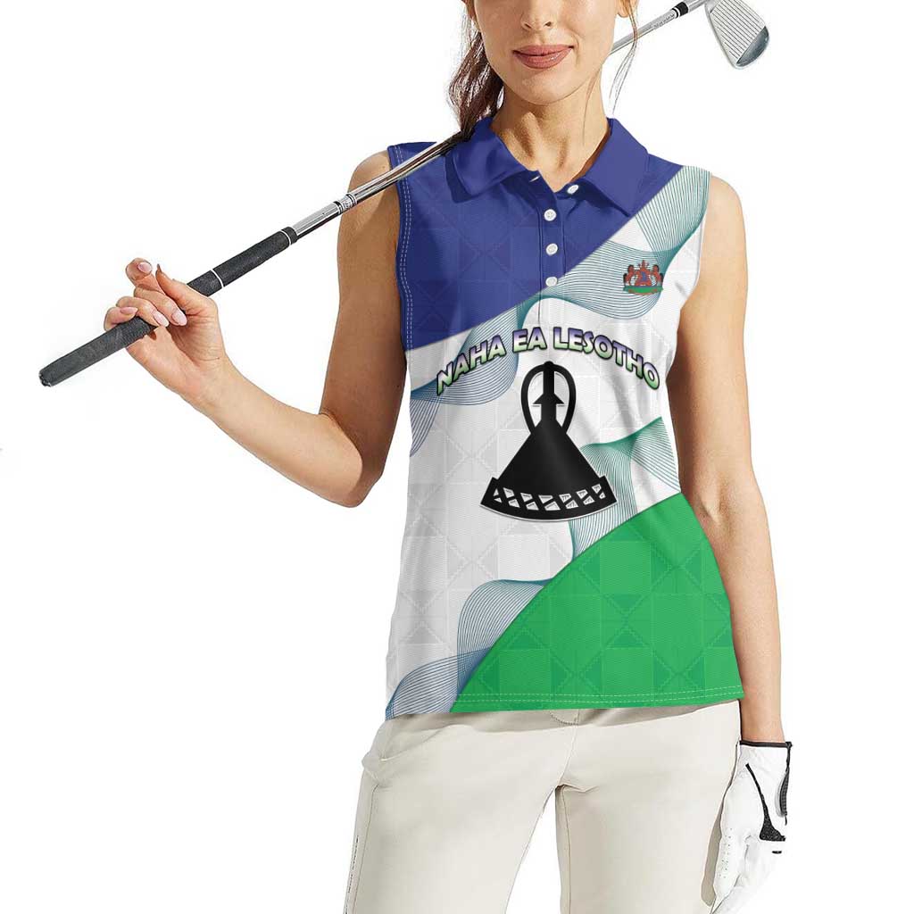 Personalized Lesotho Women Sleeveless Polo Shirt Coat Of Arms With Kente Pattern - Wonder Print Shop