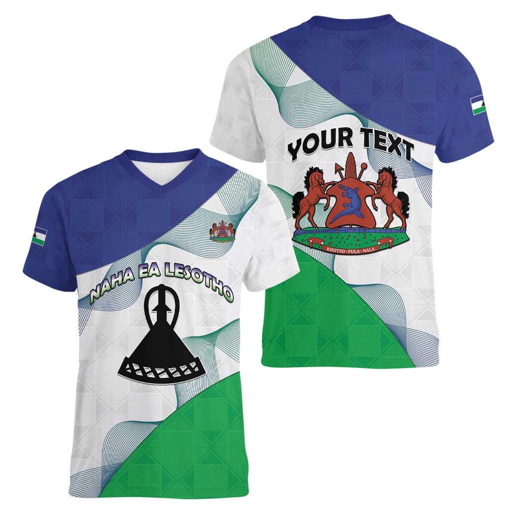 Personalized Lesotho Women V-Neck T-Shirt Coat Of Arms With Kente Pattern - Wonder Print Shop