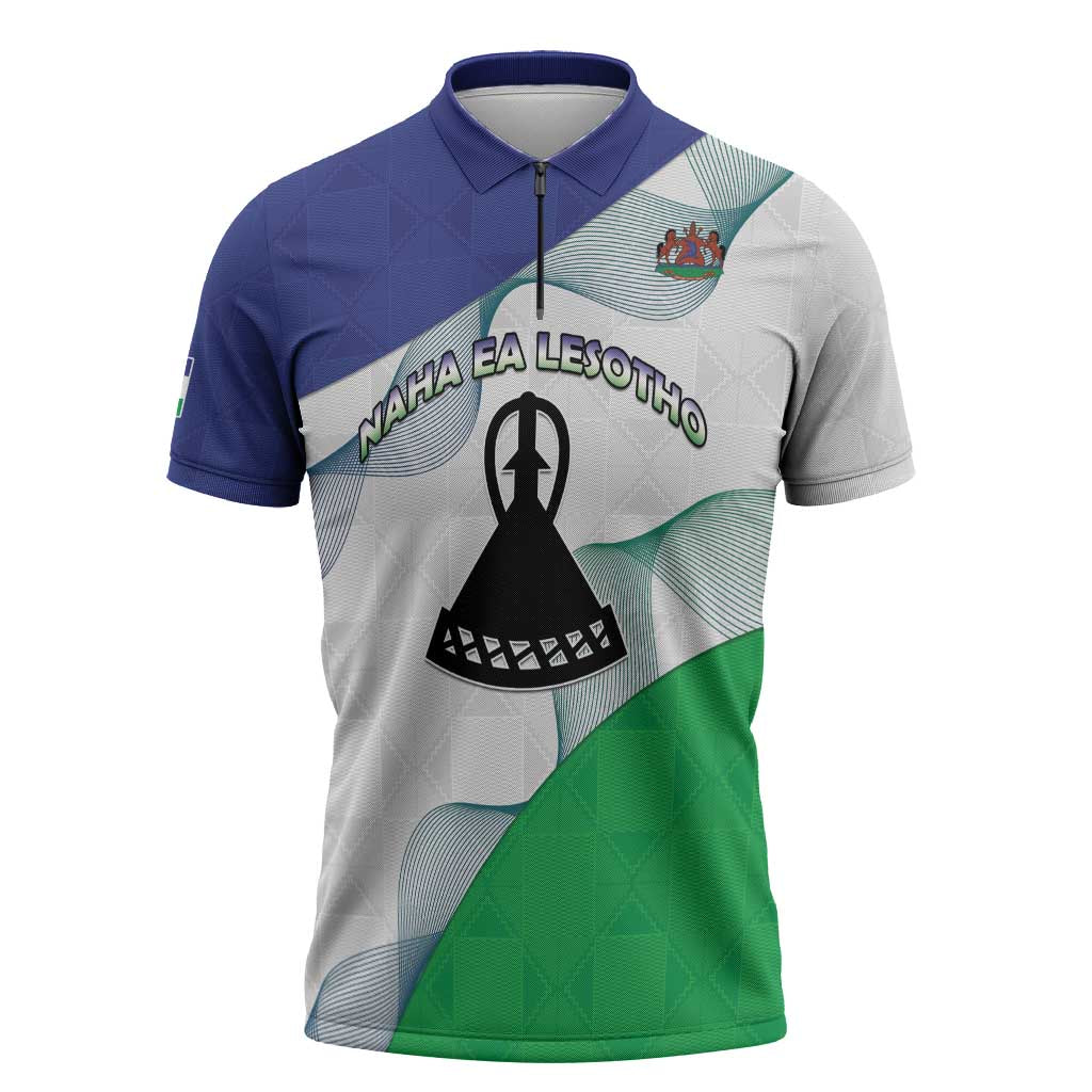 Personalized Lesotho Zipper Polo Shirt Coat Of Arms With Kente Pattern - Wonder Print Shop