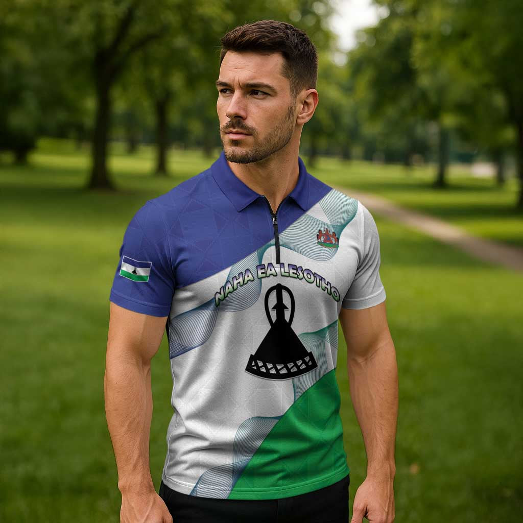 Personalized Lesotho Zipper Polo Shirt Coat Of Arms With Kente Pattern - Wonder Print Shop