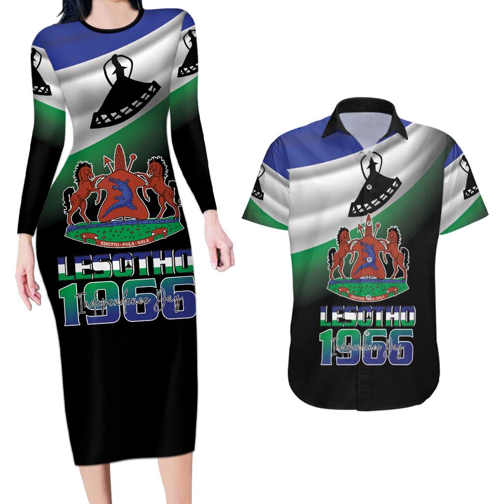 Lesotho 1966 Couples Matching Long Sleeve Bodycon Dress and Hawaiian Shirt Happy Independence Day - Wonder Print Shop