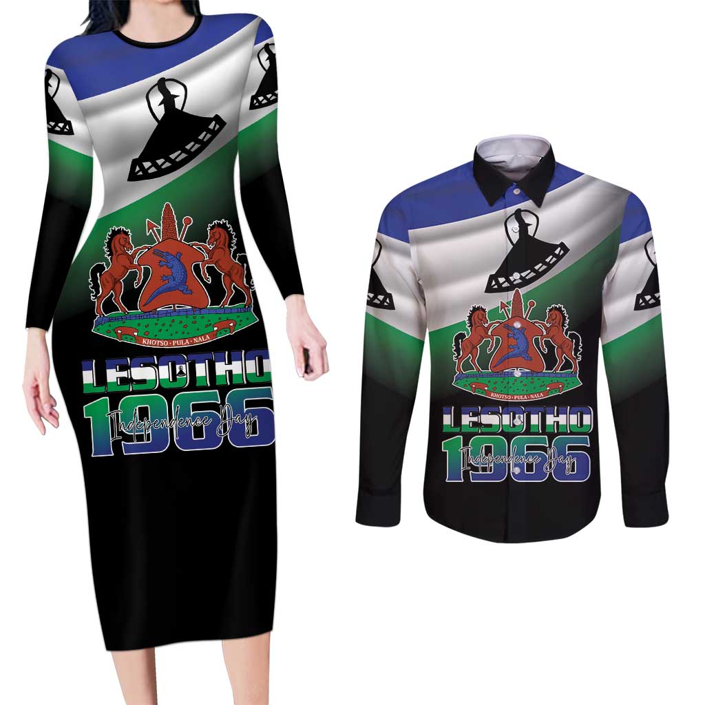 Lesotho 1966 Couples Matching Long Sleeve Bodycon Dress and Long Sleeve Button Shirt Happy Independence Day - Wonder Print Shop