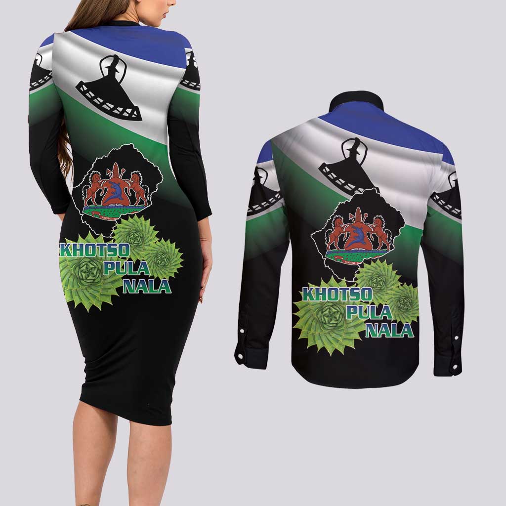 Lesotho 1966 Couples Matching Long Sleeve Bodycon Dress and Long Sleeve Button Shirt Happy Independence Day - Wonder Print Shop