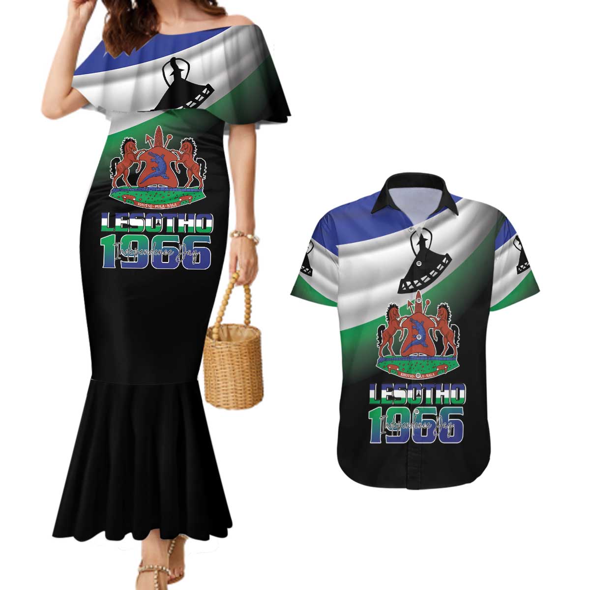 Lesotho 1966 Couples Matching Mermaid Dress and Hawaiian Shirt Happy Independence Day - Wonder Print Shop