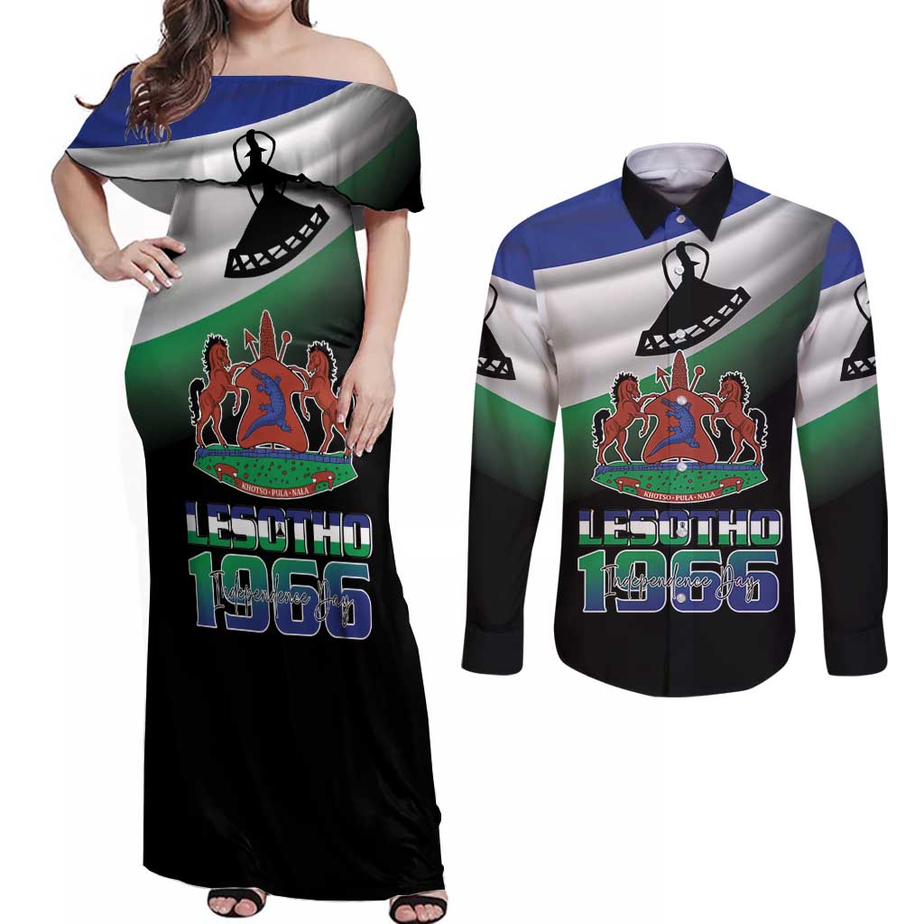 Lesotho 1966 Couples Matching Off Shoulder Maxi Dress and Long Sleeve Button Shirt Happy Independence Day - Wonder Print Shop
