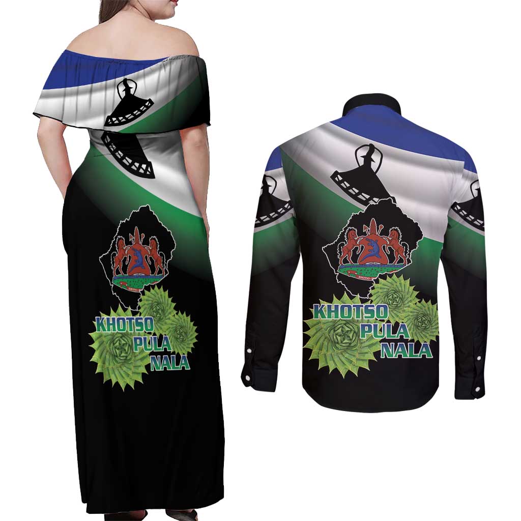 Lesotho 1966 Couples Matching Off Shoulder Maxi Dress and Long Sleeve Button Shirt Happy Independence Day - Wonder Print Shop