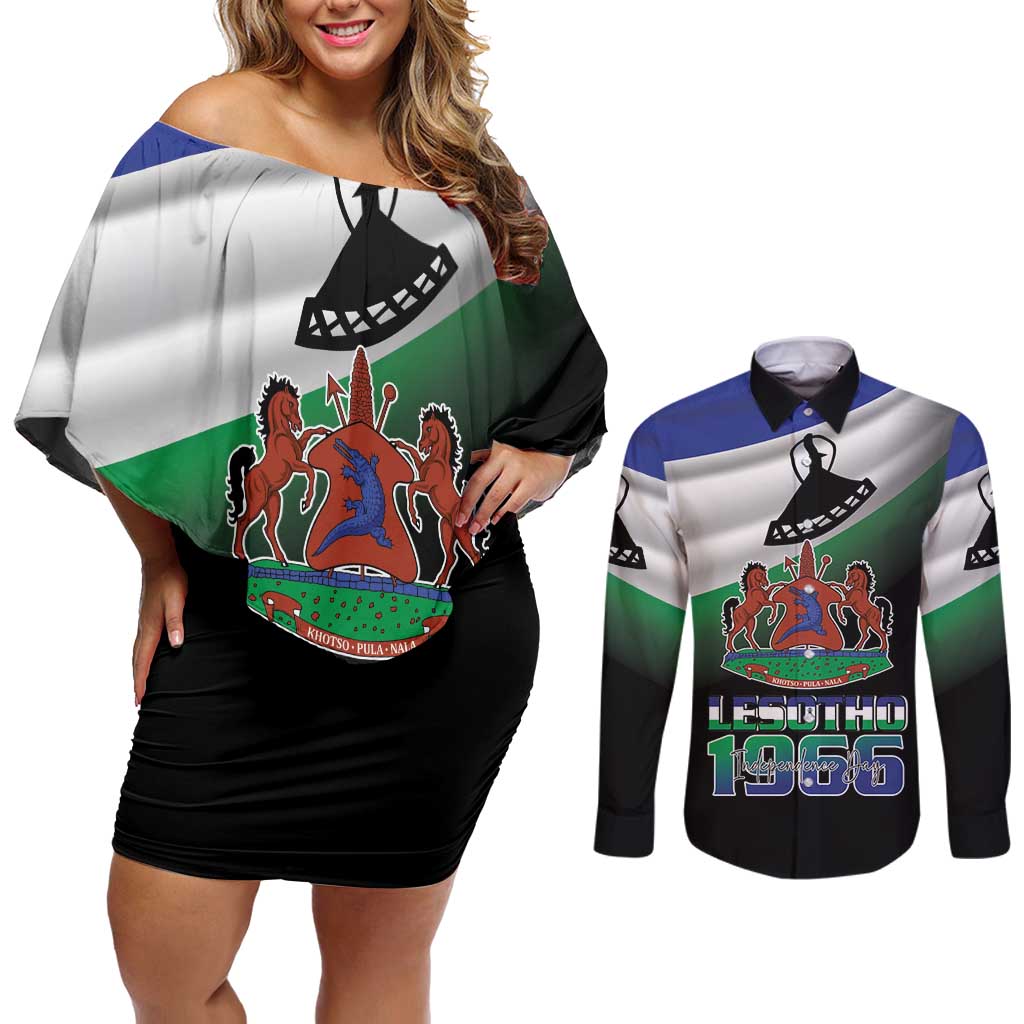 Lesotho 1966 Couples Matching Off Shoulder Short Dress and Long Sleeve Button Shirt Happy Independence Day - Wonder Print Shop