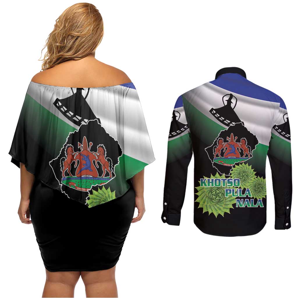 Lesotho 1966 Couples Matching Off Shoulder Short Dress and Long Sleeve Button Shirt Happy Independence Day - Wonder Print Shop
