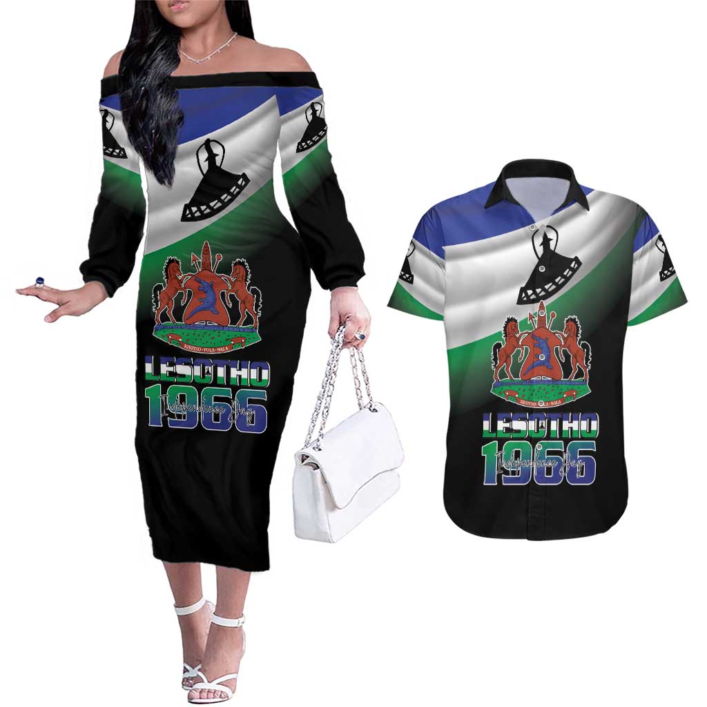 Lesotho 1966 Couples Matching Off The Shoulder Long Sleeve Dress and Hawaiian Shirt Happy Independence Day - Wonder Print Shop