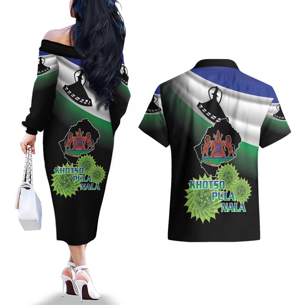 Lesotho 1966 Couples Matching Off The Shoulder Long Sleeve Dress and Hawaiian Shirt Happy Independence Day - Wonder Print Shop