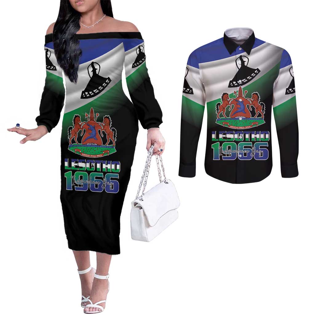 Lesotho 1966 Couples Matching Off The Shoulder Long Sleeve Dress and Long Sleeve Button Shirt Happy Independence Day - Wonder Print Shop