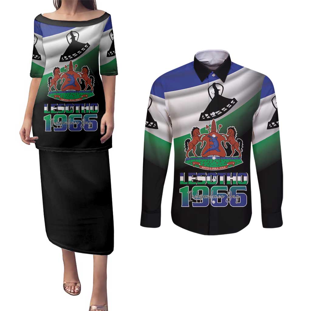 Lesotho 1966 Couples Matching Puletasi and Long Sleeve Button Shirt Happy Independence Day - Wonder Print Shop