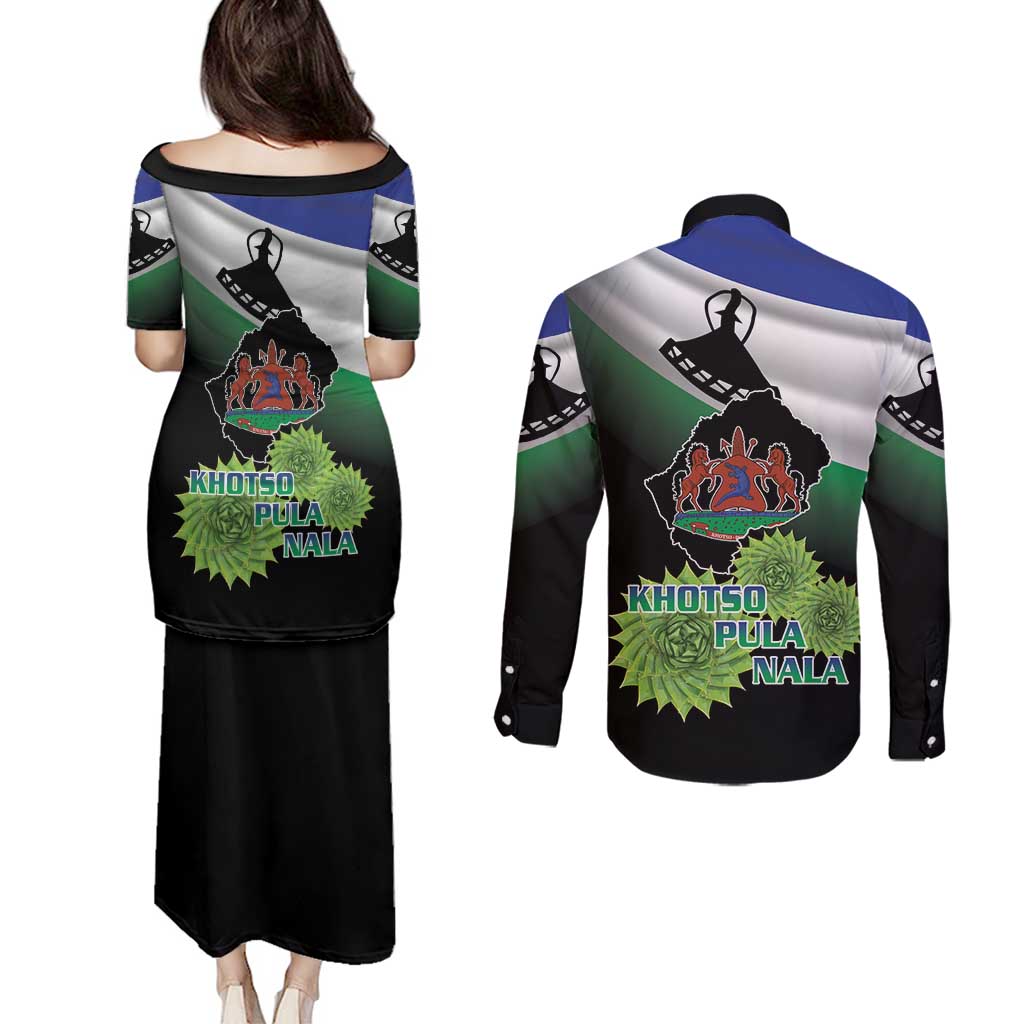 Lesotho 1966 Couples Matching Puletasi and Long Sleeve Button Shirt Happy Independence Day - Wonder Print Shop