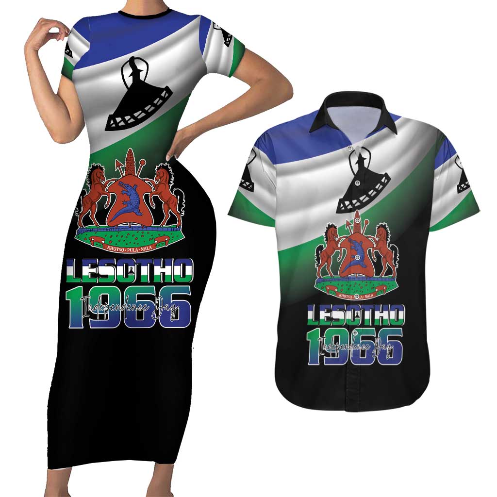 Lesotho 1966 Couples Matching Short Sleeve Bodycon Dress and Hawaiian Shirt Happy Independence Day - Wonder Print Shop