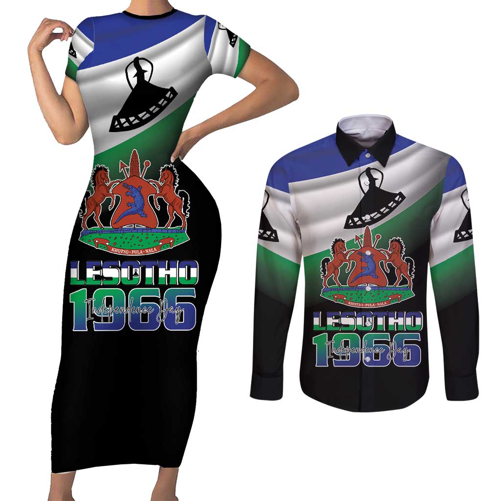 Lesotho 1966 Couples Matching Short Sleeve Bodycon Dress and Long Sleeve Button Shirt Happy Independence Day - Wonder Print Shop