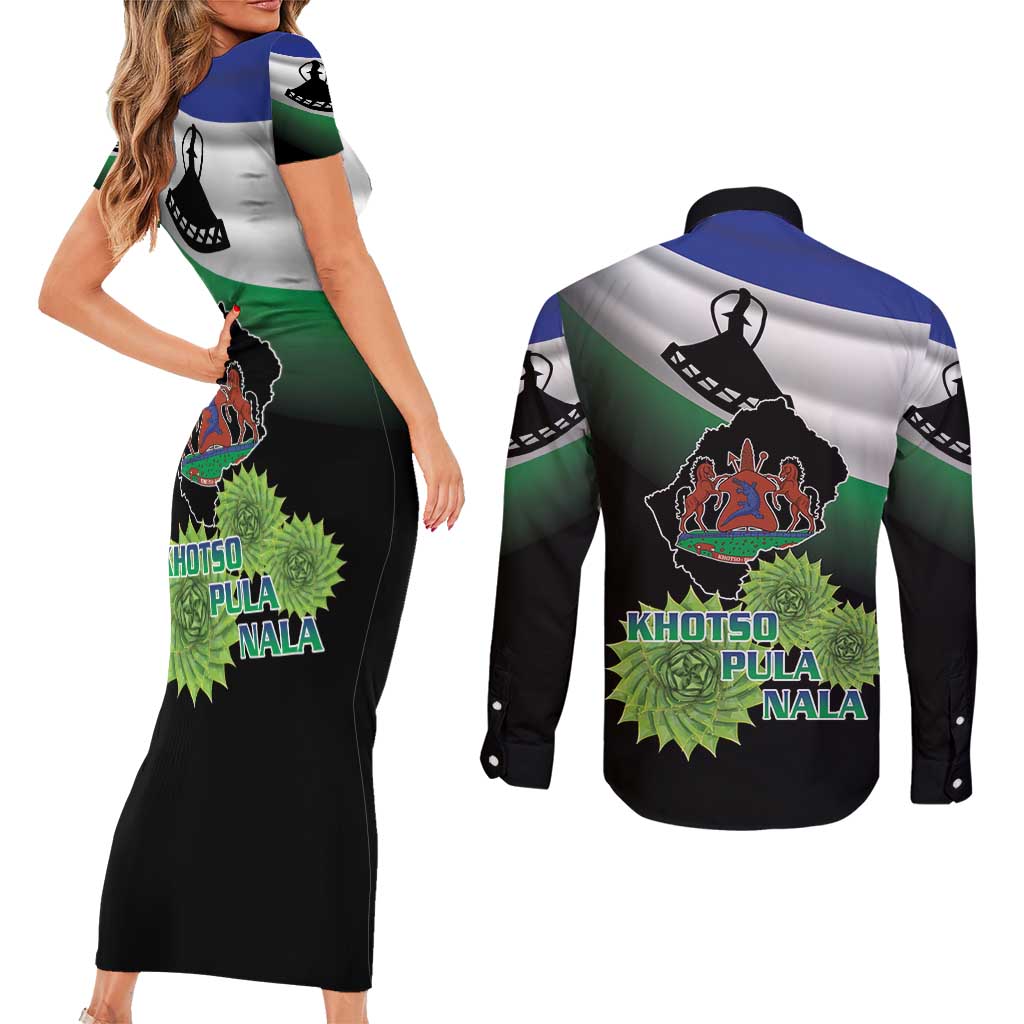 Lesotho 1966 Couples Matching Short Sleeve Bodycon Dress and Long Sleeve Button Shirt Happy Independence Day - Wonder Print Shop