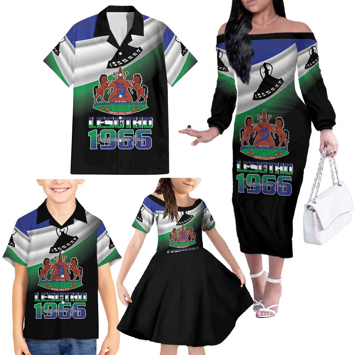 Lesotho 1966 Family Matching Off The Shoulder Long Sleeve Dress and Hawaiian Shirt Happy Independence Day - Wonder Print Shop