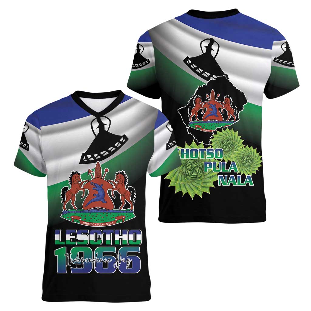 Lesotho 1966 Women V-Neck T-Shirt Happy Independence Day - Wonder Print Shop