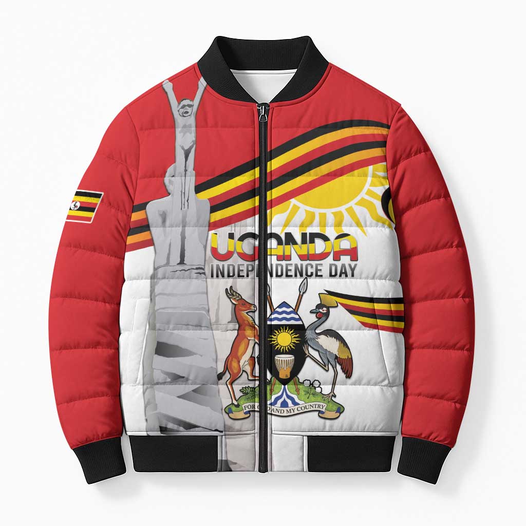 Personalized Uganda Independence Day Bomber Puffer Jacket Independence Monument - Coat Of Arms - Wonder Print Shop