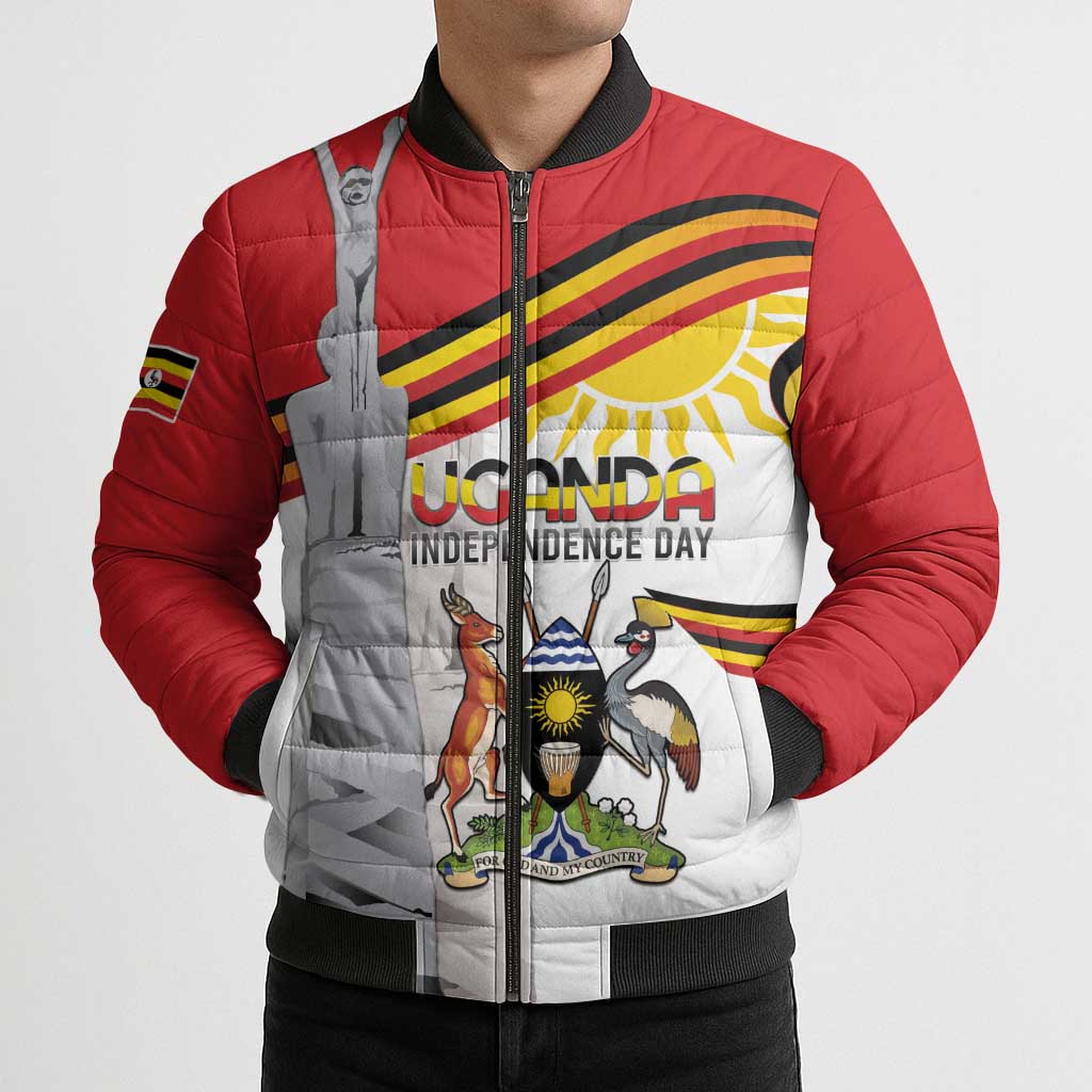Personalized Uganda Independence Day Bomber Puffer Jacket Independence Monument - Coat Of Arms - Wonder Print Shop