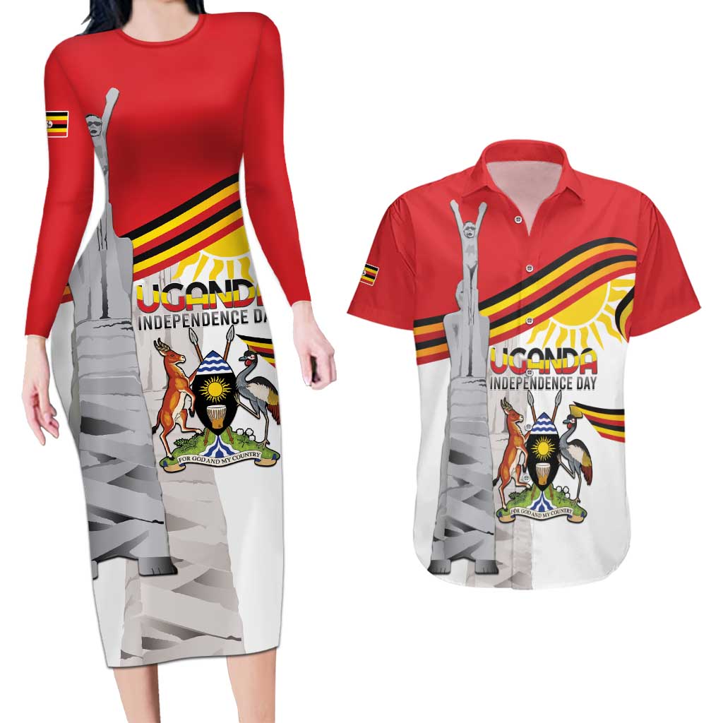 Personalized Uganda Independence Day Couples Matching Long Sleeve Bodycon Dress and Hawaiian Shirt Independence Monument - Coat Of Arms - Wonder Print Shop