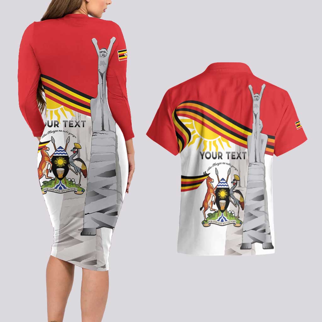 Personalized Uganda Independence Day Couples Matching Long Sleeve Bodycon Dress and Hawaiian Shirt Independence Monument - Coat Of Arms - Wonder Print Shop