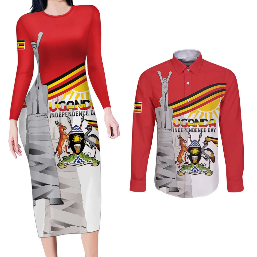 Personalized Uganda Independence Day Couples Matching Long Sleeve Bodycon Dress and Long Sleeve Button Shirt Independence Monument - Coat Of Arms - Wonder Print Shop