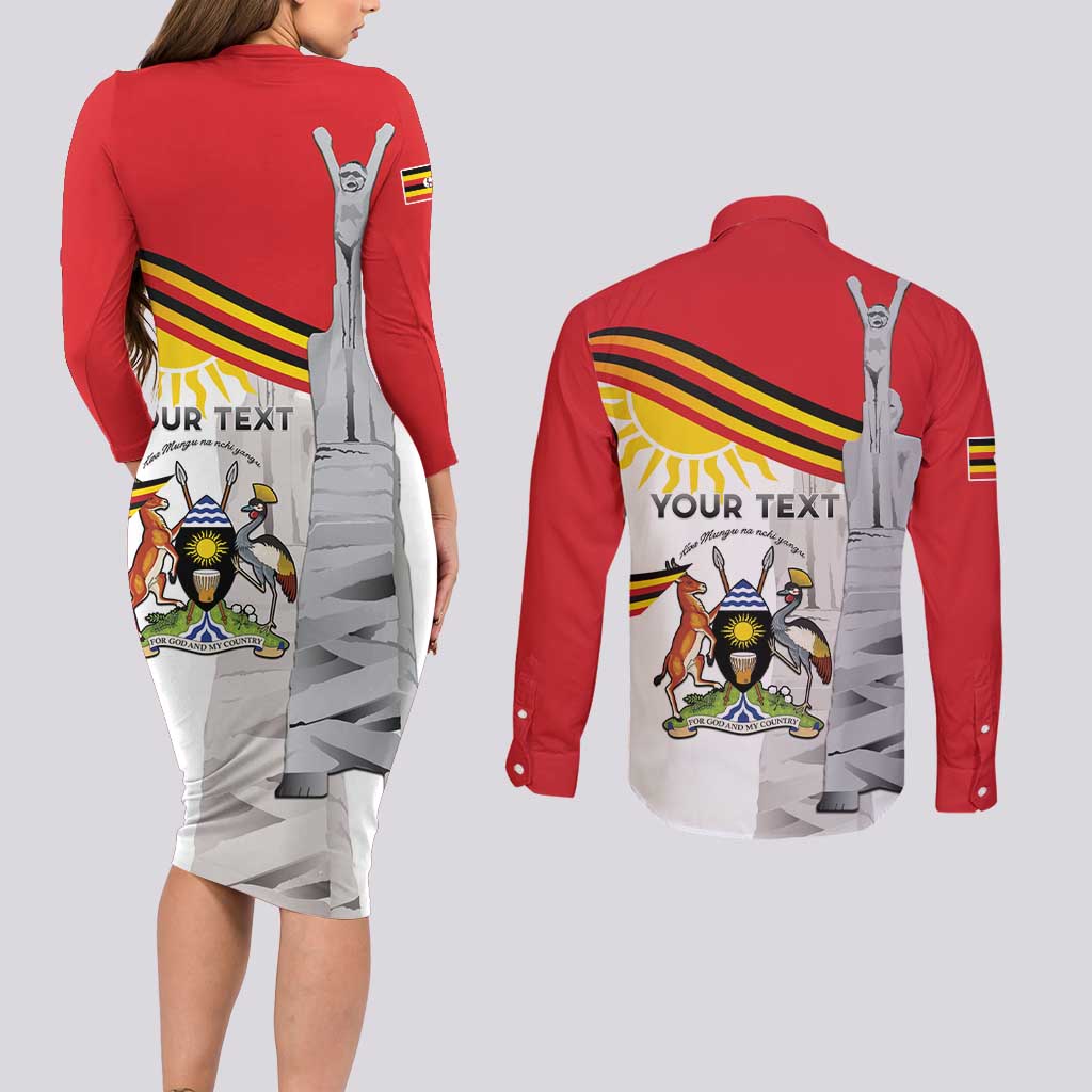 Personalized Uganda Independence Day Couples Matching Long Sleeve Bodycon Dress and Long Sleeve Button Shirt Independence Monument - Coat Of Arms - Wonder Print Shop