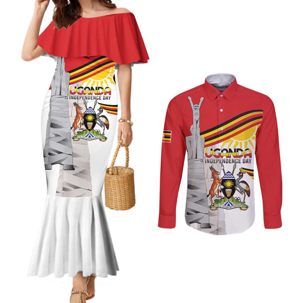 Personalized Uganda Independence Day Couples Matching Mermaid Dress and Long Sleeve Button Shirt Independence Monument - Coat Of Arms - Wonder Print Shop