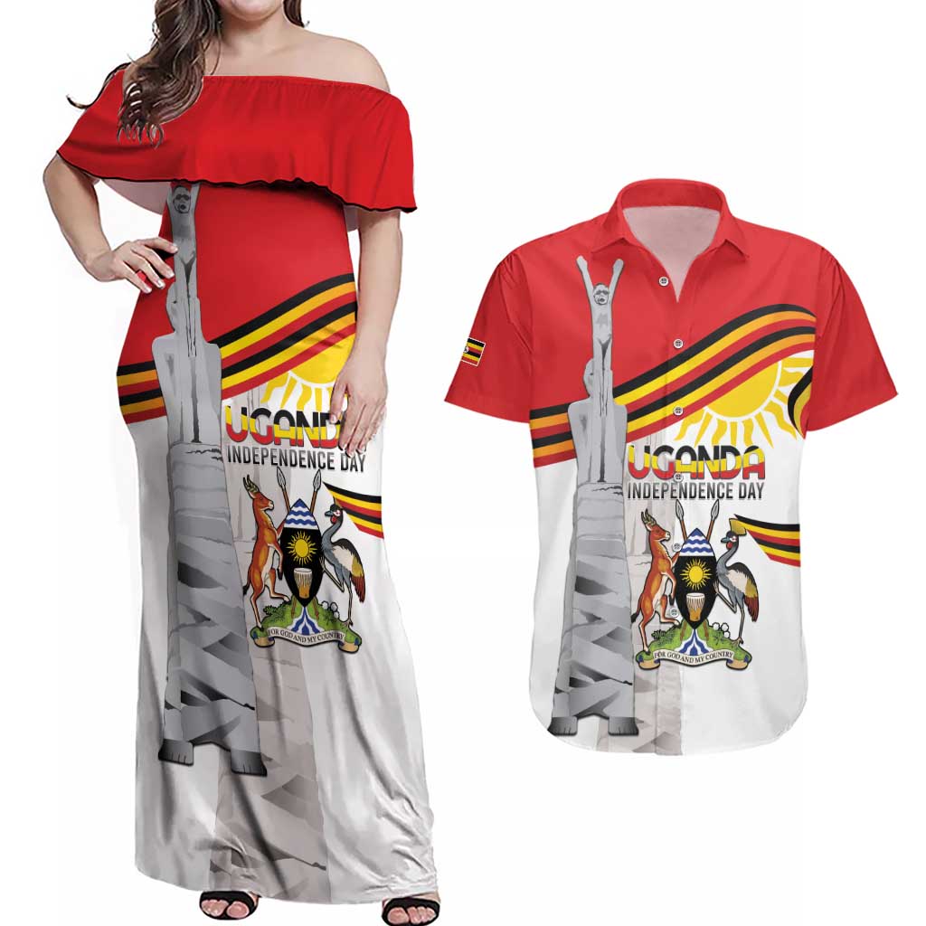 Personalized Uganda Independence Day Couples Matching Off Shoulder Maxi Dress and Hawaiian Shirt Independence Monument - Coat Of Arms - Wonder Print Shop