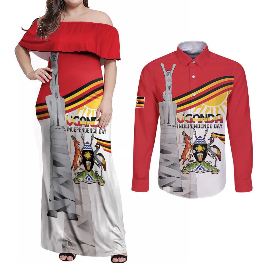 Personalized Uganda Independence Day Couples Matching Off Shoulder Maxi Dress and Long Sleeve Button Shirt Independence Monument - Coat Of Arms - Wonder Print Shop