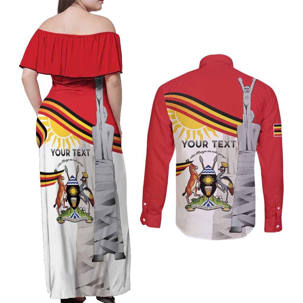 Personalized Uganda Independence Day Couples Matching Off Shoulder Maxi Dress and Long Sleeve Button Shirt Independence Monument - Coat Of Arms - Wonder Print Shop