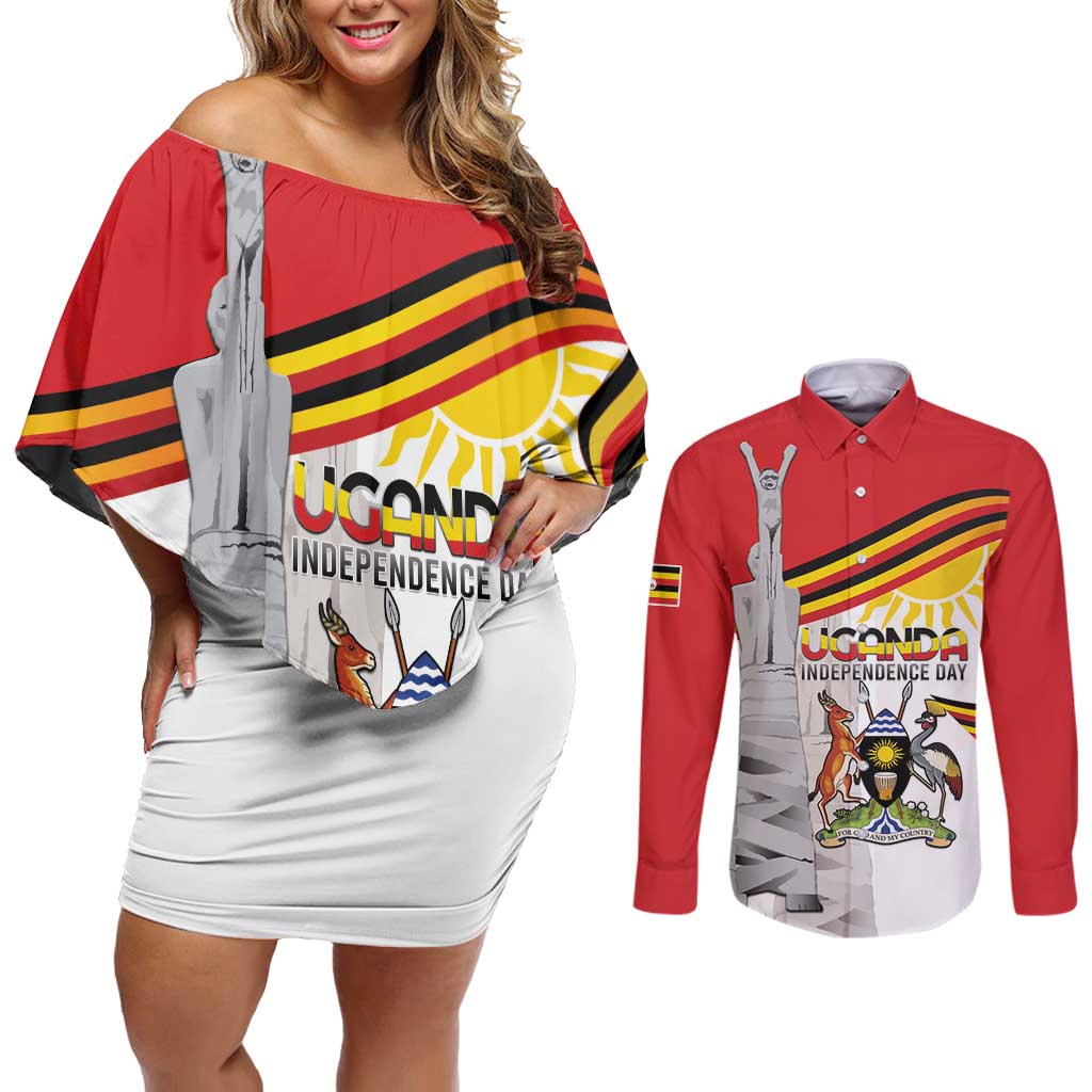 Personalized Uganda Independence Day Couples Matching Off Shoulder Short Dress and Long Sleeve Button Shirt Independence Monument - Coat Of Arms - Wonder Print Shop