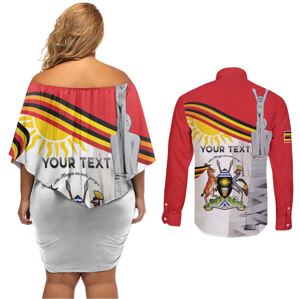 Personalized Uganda Independence Day Couples Matching Off Shoulder Short Dress and Long Sleeve Button Shirt Independence Monument - Coat Of Arms - Wonder Print Shop