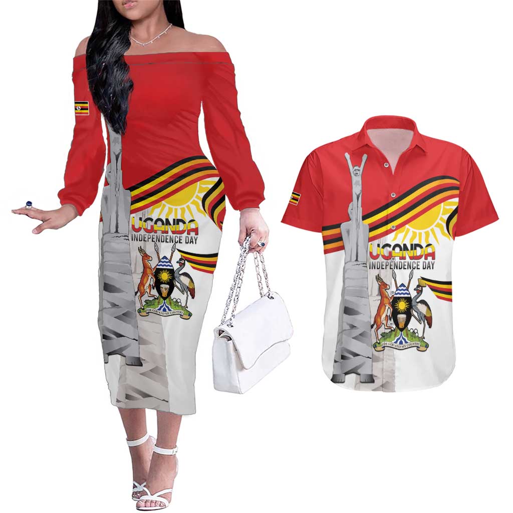 Personalized Uganda Independence Day Couples Matching Off The Shoulder Long Sleeve Dress and Hawaiian Shirt Independence Monument - Coat Of Arms - Wonder Print Shop