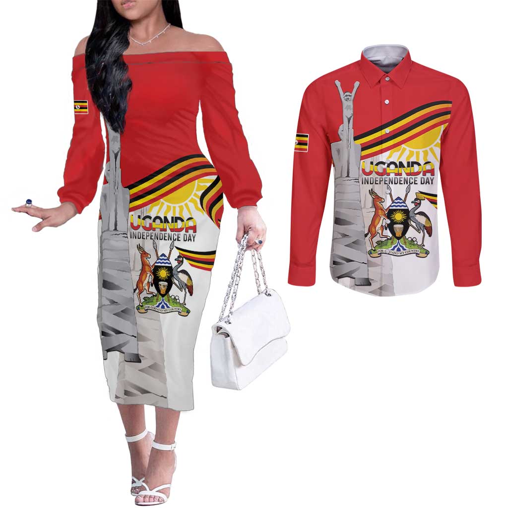 Personalized Uganda Independence Day Couples Matching Off The Shoulder Long Sleeve Dress and Long Sleeve Button Shirt Independence Monument - Coat Of Arms - Wonder Print Shop