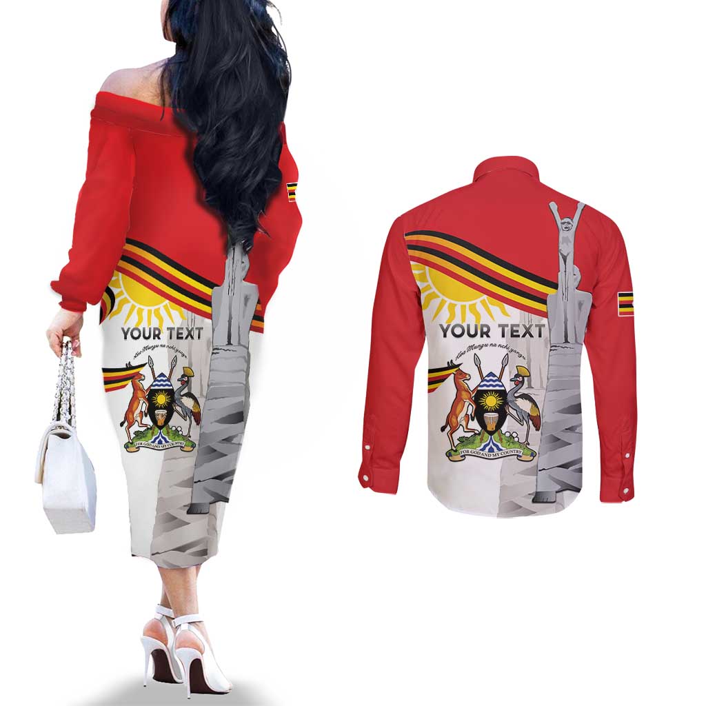 Personalized Uganda Independence Day Couples Matching Off The Shoulder Long Sleeve Dress and Long Sleeve Button Shirt Independence Monument - Coat Of Arms - Wonder Print Shop